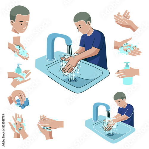 A young person demonstrating proper handwashing techniques with soap and water, showing various steps.