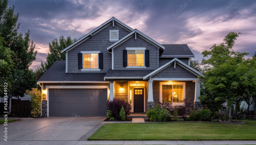 Suburban home at twilight. Exterior view, lit windows, gray siding Suburban home at twilight. Exterior view, lit windows, gray siding