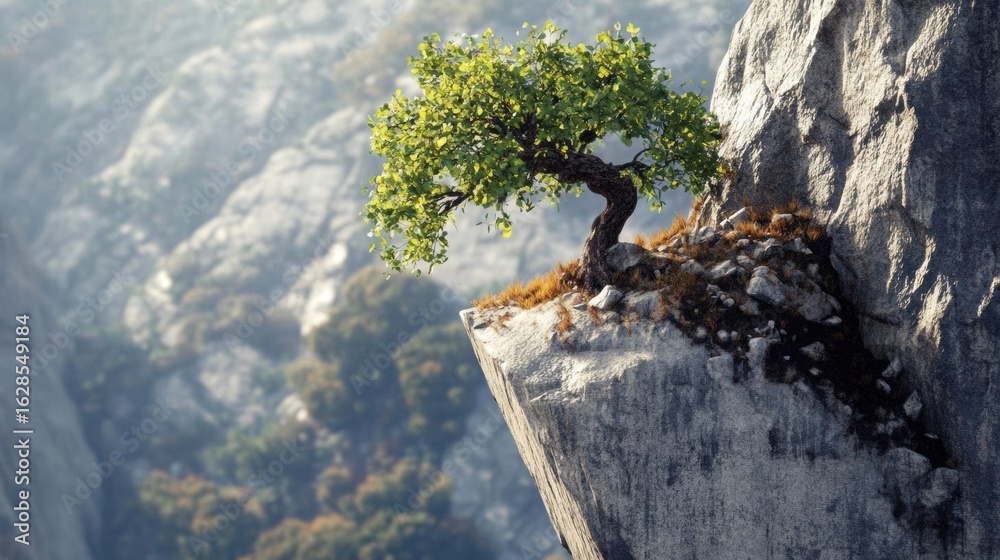 Obraz premium Lone Tree Grows on Cliff Edge Overlooking Valley with Resilience and Survival Theme.