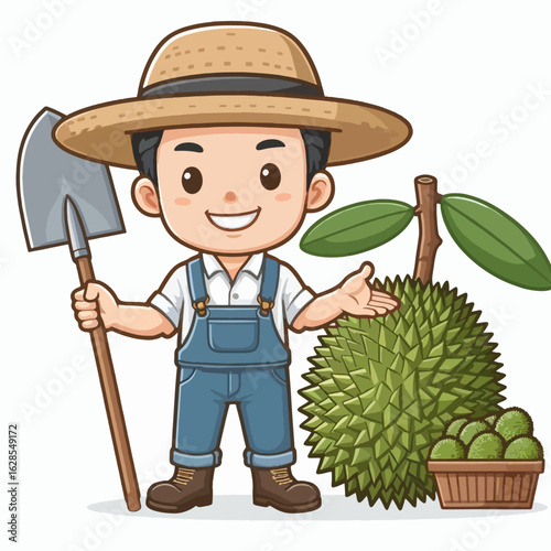 Cheerful cartoon depiction of a young man dressed as a farmer, holding a shovel and presenting a durian fruit.  The image is vibrant and has a simple, cartoon style.