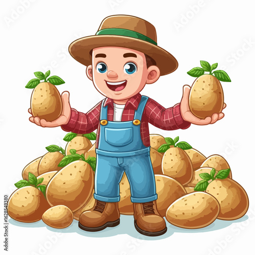 Cartoon farmer joyfully presents a large pile of potatoes. He is wearing overalls and a hat and is smiling. The potatoes are arranged in a heap around him.