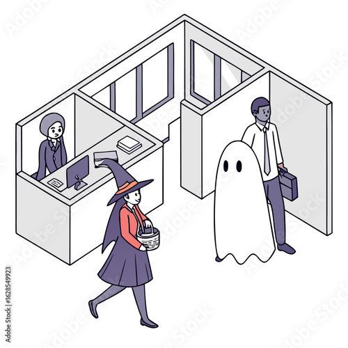 Isometric view of halloween at the office with a witch ghost and business man in a cubicle setting