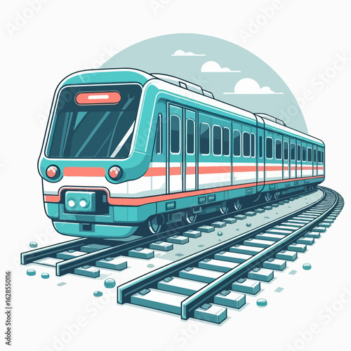 Vibrant, cartoon-style illustration portrays a train moving forward on railway tracks. The perspective is engaging, showcasing the train's detailed design and the texture of the tracks.