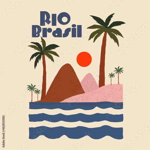 Rio Brazil travel vector design, Copacabana beach vector art. palm tree mountain.  tropical beach vacation artwork for t shirt, poster, print,