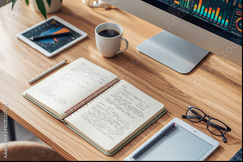 Reading on a tablet PC with a cup of coffee and glasses on a desk with an open antique book