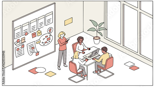 Team collaboration in a modern office with whiteboard and laptops in a bright and spacious setting