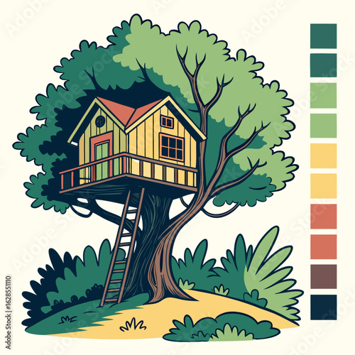 House with tree in a summer village landscape illustration