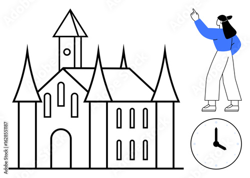 Woman gesturing at a large medieval-style castle with tall spires and windows. Clock suggests time, history, or exploration. Ideal for architecture, history, tourism, planning, storytelling