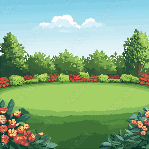 Elegant manicured lawn and flowerbed scene