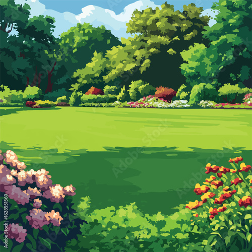 Elegant manicured lawn and flowerbed scene