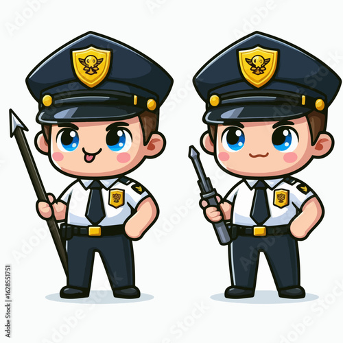 Two small, cartoon police characters in uniform, one holding a spear and the other a baton, against a white background.