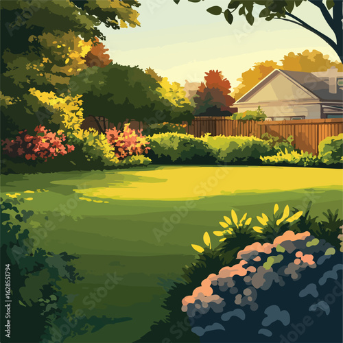 Manicured lawn with flowerbed and decor