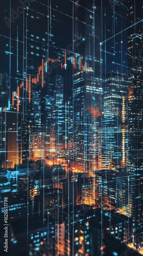 Cityscape Displays Data Overlay at Night with Futuristic Grid, Smart City Concept.