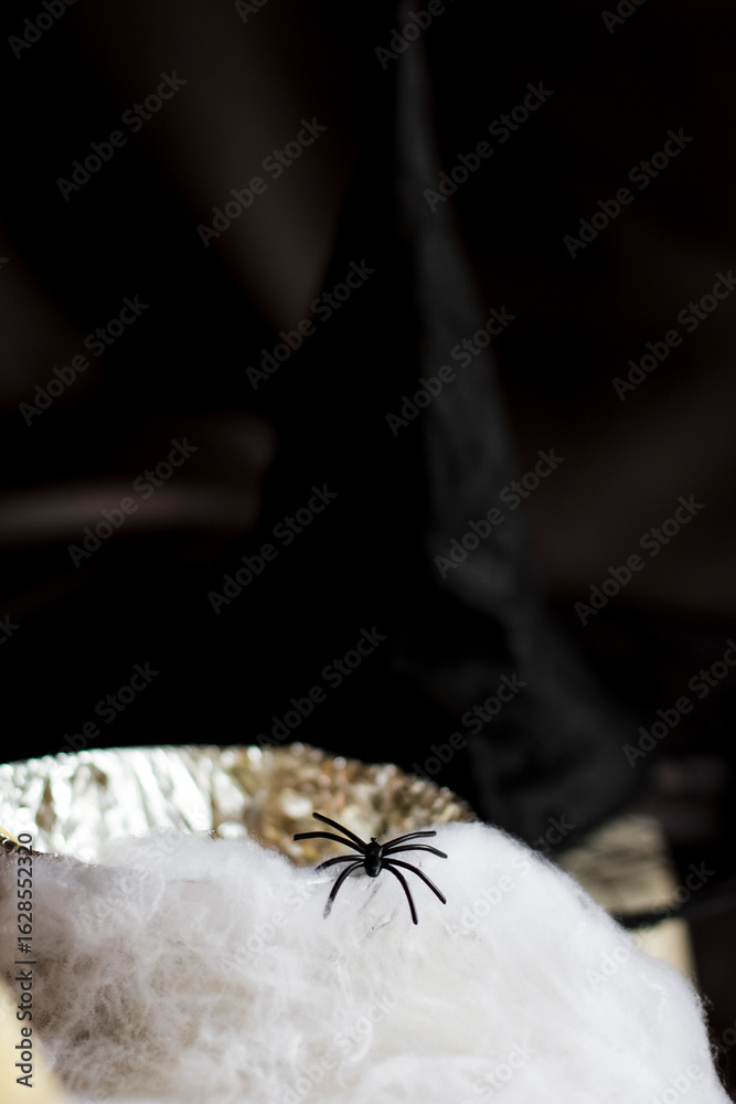 Obraz premium Black spider crawling on fake spiderweb with witch hat in background