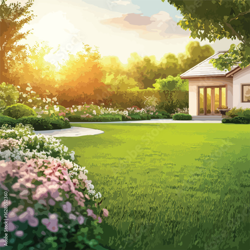 Manicured lawn with flowerbed and decor