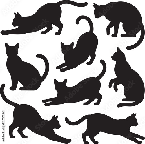 A collection of black cat silhouettes in various dynamic poses. Set of isolated domestic feline icons for graphic design.