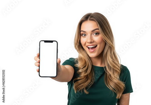 Excited woman holding mobile phone with blank screen isolated on transparent background