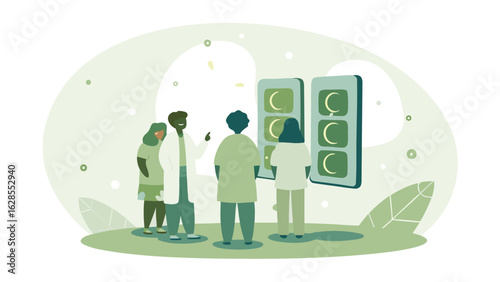 Medical team reviewing x ray images together in a light green toned illustration with soft lighting effects