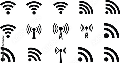WiFi and Wireless Connection Icons: A Comprehensive Vector Set of Network Signal, Antenna, and Radio Wave Symbols for Technology and Communication Designs

.