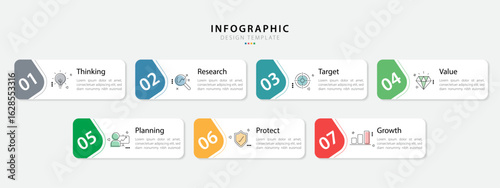  Business infographic template. 7 Step timeline journey. Process diagram, 7 options on white background, Infograph elements, technology, education, modern vector illustration.