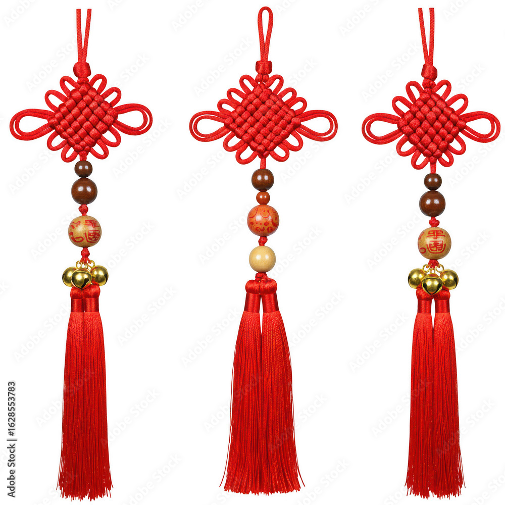 Obraz premium Three chinese knot tassels with beads and red strings, traditional decoration isolated on transparent background