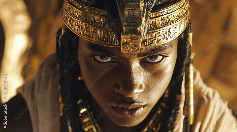 Fototapeta premium Close-up of a young Black actor in full Anubis costume on a film set, headdress detailed with golden hieroglyphs, cinematic lighting