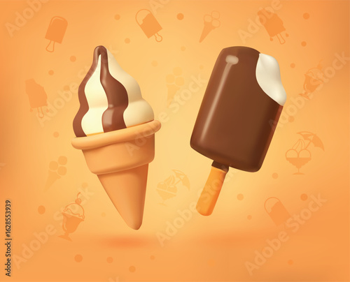 ice cream cone and ice cream stick vector 3d icon on vibrant orange background