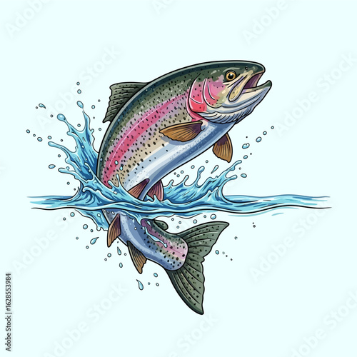 Jumping rainbow trout with water splash. Dynamic fishing vector illustration.