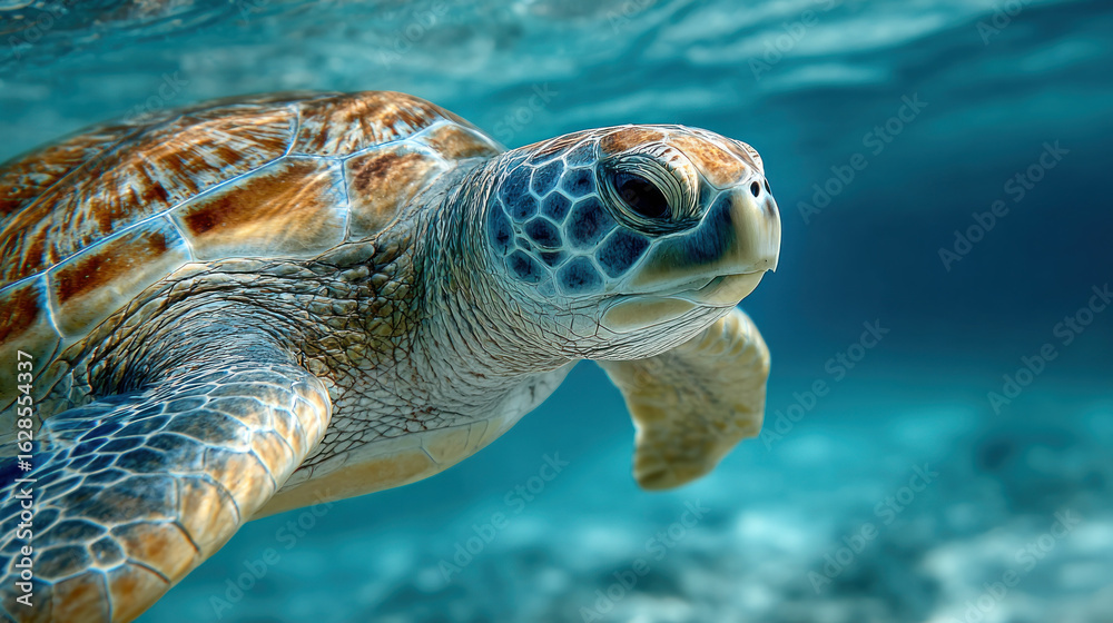 Obraz premium A turtle glides smoothly through clear ocean waters, displaying its intricate shell and calm nature