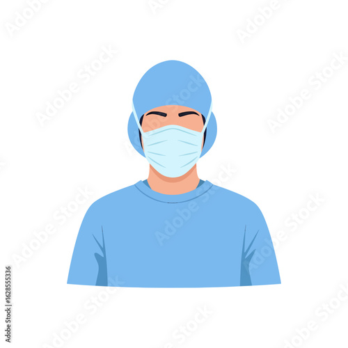 Healthcare worker wearing a light blue scrub suit and face mask stands against a white backdrop, conveying safety and professionalism suitable for medical advertisements and public health campaigns.