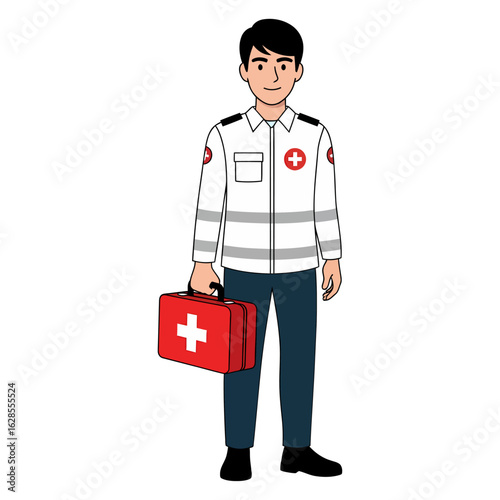 Young man wearing a white uniform holding a red first aid kit stands confidently, isolated on white background, creating a clean and professional image for medical or safety related visuals.