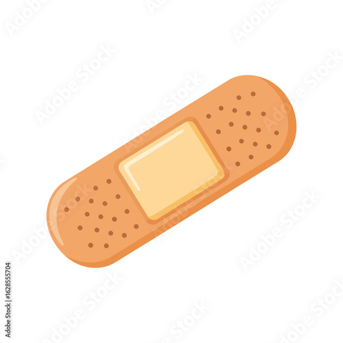 Tan colored adhesive bandage is displayed against a white background, conveying a sense of simple wound care or medical illustration suitable for health and safety related marketing.