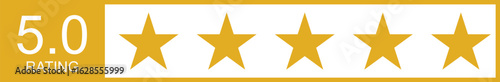 Five star gold rating graphic banner with 5.0 score, perfect for customer feedback, product review, hotel service, and satisfaction symbols