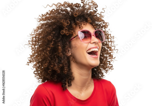 Woman laughing curly hair pink sunglasses red shirt isolated on transparent background