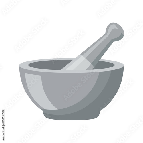 A gray mortar and pestle are depicted with a simple illustration style against a plain white backdrop, ideal for culinary, herbal remedy, or scientific demonstrations.