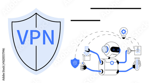 Robot using AI to multitask with tools, tech gadgets, shield for VPN security. Ideal for cyber security, VPN, networking, AI solutions, digital safety automation innovation concepts. Simple flat