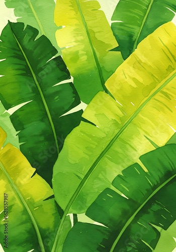 A vibrant watercolor illustration of overlapping banana leaves in varying shades of green and yellow, creating a lush, tropical aesthetic.
