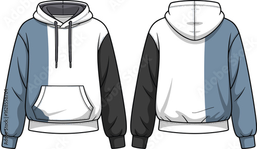 Color-block hoodie illustration, front and back view, white body, light blue stripe, black sleeve, drawstring hood, fashion sketch, garment template