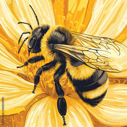 Large Striped Bee Close-up with Flower
