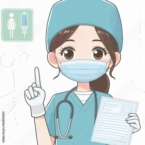 Friendly, cartoon-style illustration of a female medical worker, holding medical records and wearing a mask.