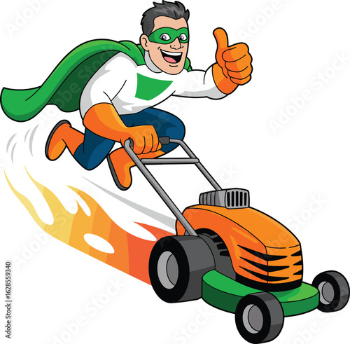 Superhero lawn mowing, cartoon character, fast lawnmower, green cape, thumbs-up gesture, comic style, yard work, humorous illustration, vector art