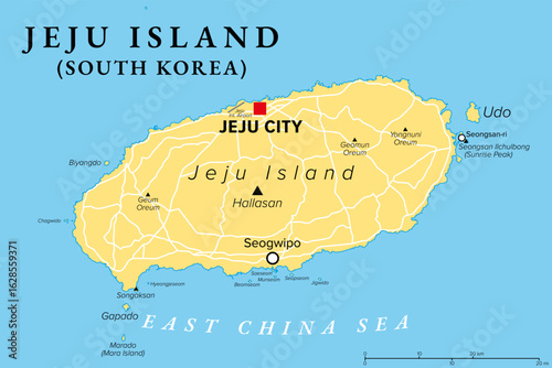 Jeju Island, largest island of South Korea, political map, with capital Jeju City, the city Seogwipo, and the shield volcano Hallasan in its center. Major part of Jeju Special Self-Governing Province.