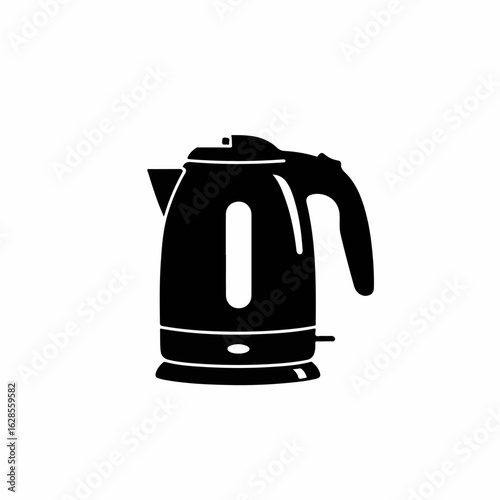 Electric kettle against white background, simple appliance to boil water for tea. Electric kettle and its electrical components are shown in silhouette.