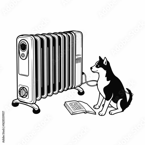 Heater beside a dog, with open book on floor, creates a cozy domestic scene. Electric heater radiates warmth, while cute husky sits attentively near, lost in story.