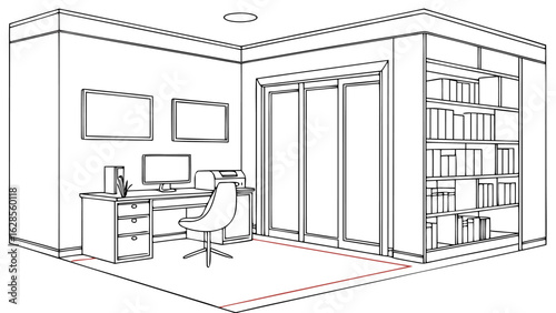 Illustration of an office room interior with desk, chair, computer, bookcase and sliding doors view
