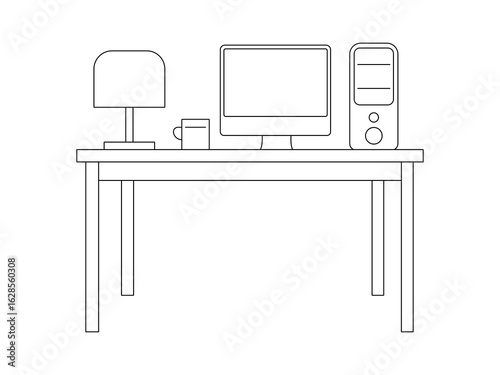 Desktop computer setup with Monitor, CPU, Cup, Desk lamp on the worktable. Computer Desk Outline isolated white background. Vector Illustration.