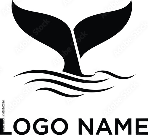 Black whale tail silhouette emerging from stylized ocean waves logo silhouette