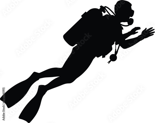 Silhouette of scuba diver swimming underwater on Transparent Background.