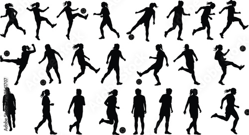 Silhouettes of soccer players in dynamic action poses, football movement illustration, athletic sports figures, competitive play, high-impact vector design