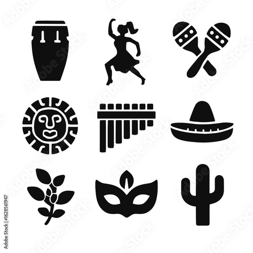 Latin culture symbol set featuring a dancer, maracas, conga drum, and carnival mask for celebration concepts.